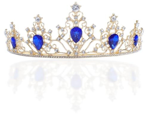 JasperKino Goldene Tiara, Krone, Kristall, blauer Strass, Prinzessin, Braut, Stirnband für Hochzeit, Geburtstag, Festzug, Party, Blau, Gold