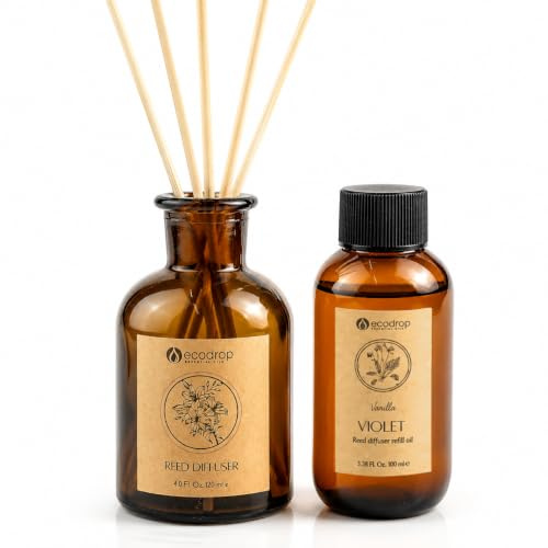 Ecodrop Vanilla Reed Diffuser Set 100ml, Home Fragrance & Décor | Luxury glass bottle & 6 wooden reeds, long-lasting floral, sweet home fragrance, ideal for bedrooms, bathrooms and gifts.