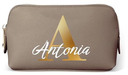 Love Faith personalisierte Kosmetiktasche - Taupe - 18x11x4,5 cm | Wähle Initiale & Namen für die Gravur - Hochwertiger PU-Kulturbeutel - Praktischer Reisebegleiter für Frauen