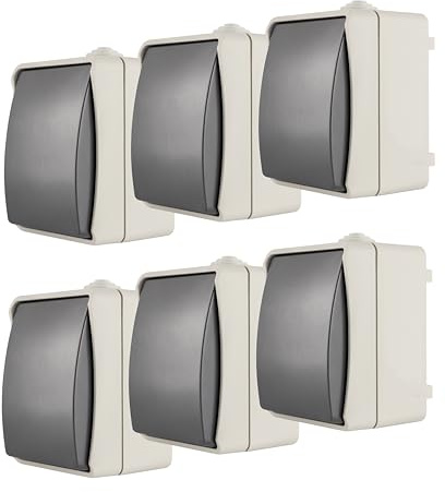 REV 6x AquaBase Lichtschalter SPARSET - Ausschalter, Wechselschalter 1-polig, Feuchtraum, spritzwassergeschützt IP54, 10A, Aufputz, grau