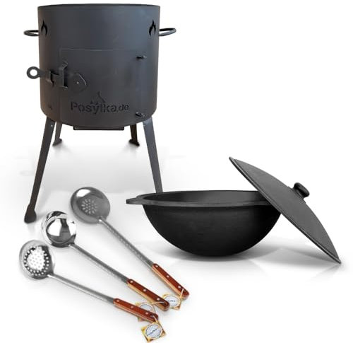 Utschak - Hornillo de hierro fundido con base redonda con tapa (10 L) KazanoFF, Учаг, exterior, brasero, camping, kazán, cañón de goulash (juego de 4)