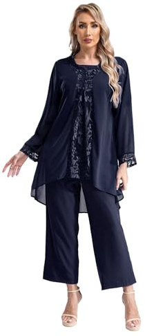 CHICTRY Donna Abito da Cerimonia Elegante Camicia Blusa Cardigan a Maniche Lunghe + Canotta in Chiffon + Pantaloni Lunghi Vestito da Sera per Mamma della Sposa A Blu Scuro XXL