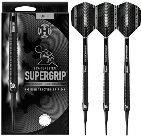 Harrows SUPERGRIP Black Edition 90% Wolfram-Dart-Set mit weicher Spitze. Erhältlich in 16 g, 18 g, 20 g – inklusive Supergrip-Schäften und Supergrip-Flights (16g)
