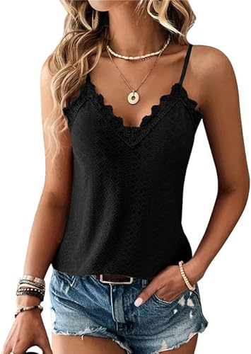 Haibang Camiseta Sin Mangas Mujer Verano Cuello en V Top de Encaje Sexy Holgado Camisetas Tirantes Elegante Tank Top Suave Transpirable Malla Chalecos Top Lencero Informal Encaje Blusas