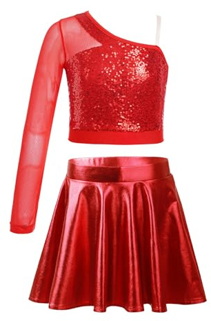 Agoky Mädchen Pailletten Crop Top und Metallic Sport Skater Rock | Hip Hop Jazz Tanz Kleid 2 Teillig Outfits Cheerleading Uniformen Wettbewerb Bühne
