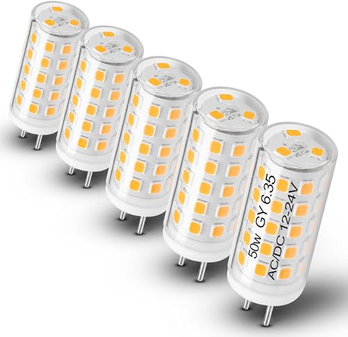 Heifymi GY6.35/G6.35 5W LED Bulb AC/DC 12-24V Warm White 2700K JC Type Bi-Pin Base 50W Halogen Bulb Equivalent for Pendant Chandelier Landscape Lighting Desk Lamp Accent Light, Non-Dimmable, 5 Pack