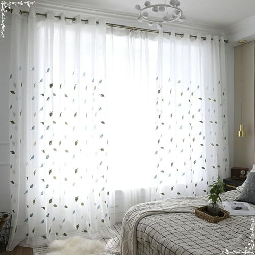 Bishilin Gardinen mit Ösen Weiß, Vorhänge Lichtdurchlässig 2er Set Landhausstil Stickerei mit Blätter Motiv 137x183CM Vorhänge und Gardinen Halbtransparent für Wohnzimmer Schlafzimmer Kinderzimmer