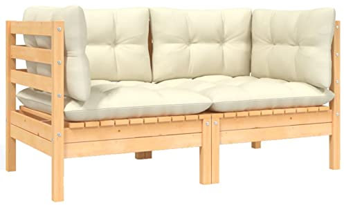 Homgoday Gartensofa 2-Sitzer, massives Kiefernholz, mit Kissen, Cremasofa, Außenbereich, Paletten, Holz, Paletten, Außenbereich, Braun und Creme, Ecksofa (2 Stück)
