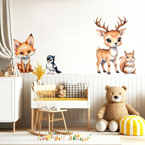 Unik Nordic Wandsticker Waldtiere Cartoon Motiv B, M - 43 x 50 cm, Aufkleber für die Wand, Wandtattoo rückstandslos entfernbar, Wanddekoration für Kinderzimmer und Babyzimmer, Wandaufkleber Tiere