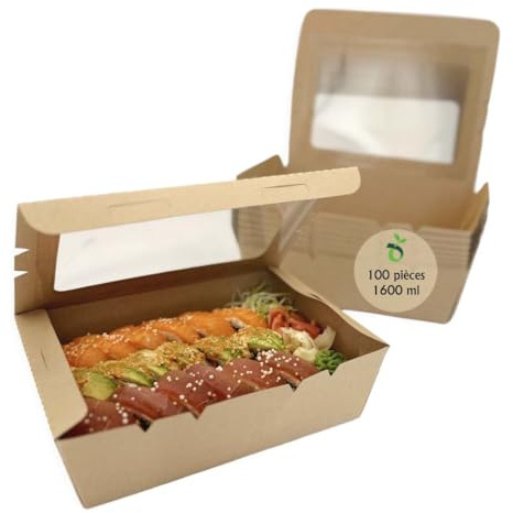 ECOPICNIC Lot de 100 Lunchbox en Kraft 1600 ML avec Couvercle Transparent | Boîtes Alimentaires en Carton Kraft jetables pour Repas à emporter, barquettes écologiques Pratiques