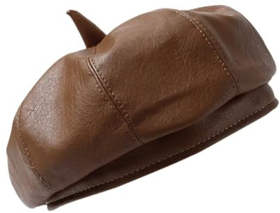 keusyoi Damen Baskenmütze aus PU-Leder, französischer Künstler, warme Wolle, Beanie-Mütze, Vintage-Mütze, einfarbig, elegante Damen-Wintermütze, braun, Einheitsgröße