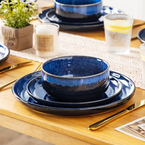 vancasso Série STARRY Service de Table 12 Pièces en Porcelaine, Service Vaisselle 4 Personnes, avec 4 Assiettes Plates, 4 Assiettes à Dessert, 4 Bols à Céréales, Bleu à Émail Réactif