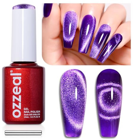 Ozzeal Cat-Eye Magnetic UV LED Gel Nail Polish - 15ML Dark Purple Holographic Diamond Shimmer for Spring Summer DIY Manicure