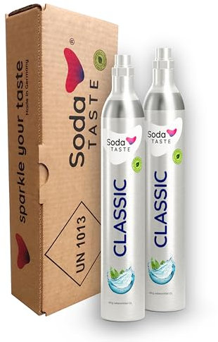 SodaTASTE Juego de 2 cilindros de CO2 (relleno) para burbujeador de agua, Classic, para hasta 120 l de agua con gas (atención: 2 cilindros vacíos)