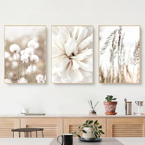 3er Poster Bohemian Wandbilder 50x70 mit Blumen, Weiße Pflanzen, Totes Gras - Abstrakte Beige Kunstdrucke über Bett Schlafzimmer Leinwand Ohne Rahmen (40x50 cm)