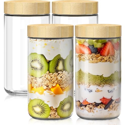 Haferbehälter mit Bambusdeckel, Glasdosen mit luftdichtem Deckel für Mahlzeiten, Weithals, Salatgläser, Glasbehälter für Joghurt, Chia, Snacks, Gewürze, Zucker, 4 Stück