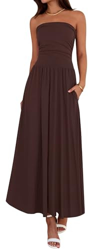 BTFBM Summer Maxi Dresses for Women 2026 Strapless Ruched Tube Top Beach Vacation Spring Wedding Guest Dress Pockets (Brown, Large)
