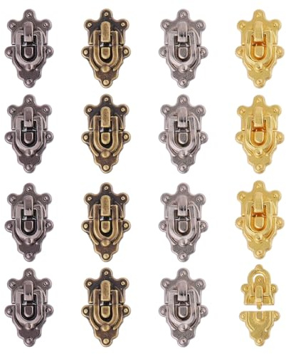 GLOBLELAND 16Pcs 4Colors Mini Decorative Hasp Box Buckles Mini Jewelry Case Box Chest Hasp Latch Lock Buckles for Mini Doll Jewelry Case Box Miniature Dollhouse Luggage Accessories