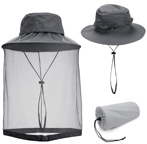 Filhome Imkerhut Moskito Kopfnetz Hut Anti-Moskito Sonnenhut Fischerhut mit Mückennetz für Männer und Frauen Gesicht Schutz Hut für Outdoor Gartenarbeit Dschungel Angeln (Dunkelgrau)
