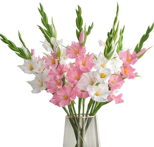 Lovmeety Künstliche Gladiolen, weiße und rosa, künstliche Gladiolen, Seide, Gladiolen, Blumen mit Stielen, künstliche Gladiolen, Blumen für Hochzeit, Garten, Zuhause, Party, Tisch, Blumenarrangement