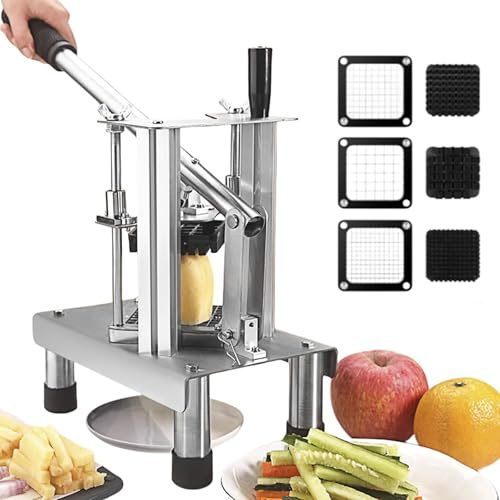 RSQQL Commercial French Fry Cutter with 3 Replacement Blades, 1/4″, 1/2 & 3/8″ Blade Easy Dicer Chopper, Potato Chipper Cutter for French Fries