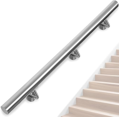 OUUTMEE 150CM Main Courante pour Escaliers en Acier Inoxydable, Rampe d'Escalier Murale avec Supports, Intérieure/Extérieure Main Courante pour Escaliers, Grenier, Porche, Garage et Terrasse (Argent)