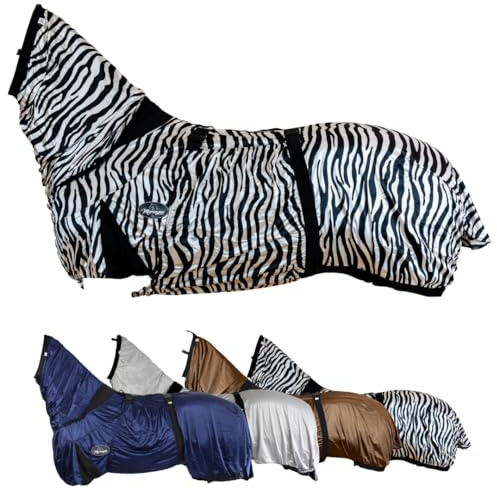 Marengos - Ekzemerdecke mit Halsteil & Bauchlatz – Fliegendecke aus feinmaschigem Gewebe – Schutz v. Insekten – doppelter Frontverschluss & Gehfalte – Pferdedecke in Schwarz/Weiß – 145cm