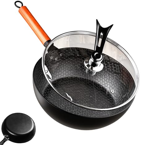 Wok de inducción con tapa, sartén de hierro fundido con tapa, sartén de cocina martillada hecha a mano para comedor, horneado familiar, camping al aire libre, cocina de inducción, apartamento, picnic