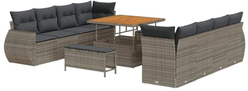 vidaXL Stilig 11-delars trädgårdsoff set med kuddar grå poly rotting & trädgårdsbord väderbeständig modulär design för utomhusavkoppling. Soffor 3-sits 2 möbler loveseat patio