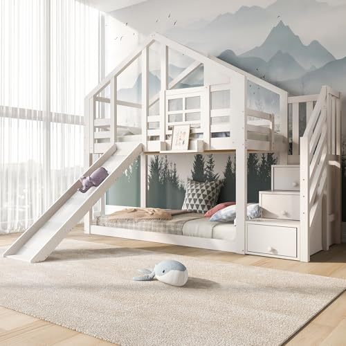 LINKHOO lit d’Enfant cabane dans Les Arbres, lit superposé en Construction de fenêtre, avec Protection Contre Les glissières et Les Chutes, 2X sommier à Lattes (sans Matelas),90 x 200 cm, Blanc