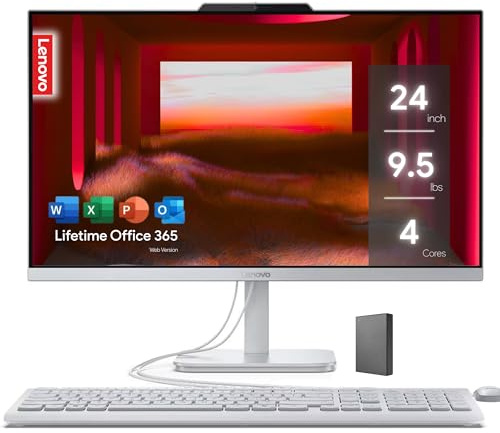 Lenovo Computadora de escritorio todo en uno FHD de 24 pulgadas con Office 365 de por vida para la web • 64 GB de RAM • SSD de 1 TB • Intel de 4 núcleos • Teclado y mouse con cable • Windows 11 Pro