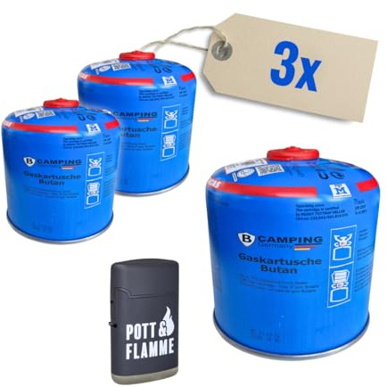 Bluecraft 3er-Set Bahama Gaskartuschen 500 g EN417 inkl. Feuerzeug | Butan-Schraubkartuschen für Gaskocher, Gasgrill und Camping – ideal zum Kochen unterwegs und für Outdoor-Einsätze