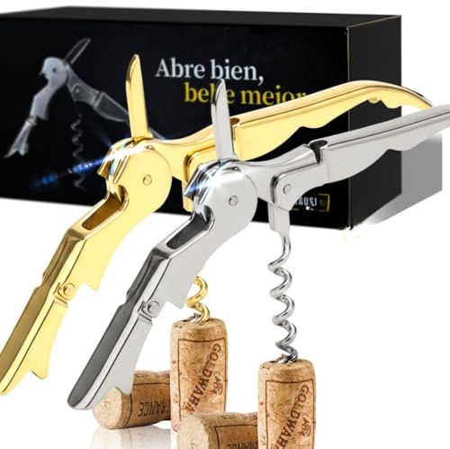 Abridor de Vino (Pack de 2) | Sacacorchos de Camarero Profesional | Incluye Cortacápsulas | Modelo Plateado + Dorado | Hechos de Acero Inoxidable | Caja Elegante