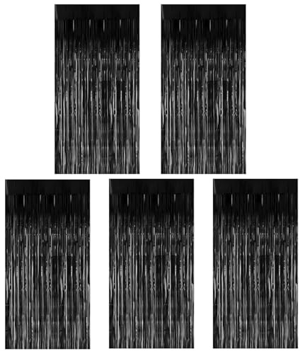 5 Stück 1m x 2m Lametta Vorhang Schwarz, Deko Vorhang, Vorhang Geburtstag Deko, Folien Fransen Hintergrund, Metal Lametta Vorhang, Glitzer Lamettavorhängen, Lamettavorhang, für Partys, Hochzeiten