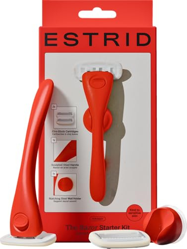 ESTRID Set de afeitadora manual, juego de afeitadora para mujer con sistema de 5 cuchillas, tira de hidratación vegana, 2 cuchillas de repuesto, soporte de pared (Solar)