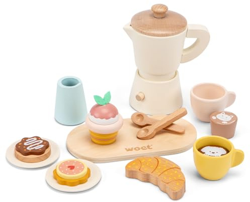 Woet® Set Cafetière Percolateur Jouet en Bois pour Enfants - Set Barista d’Imitation 17 Pièces - avec Tasses à Café et Pâtisseries - À Partir de 3 Ans