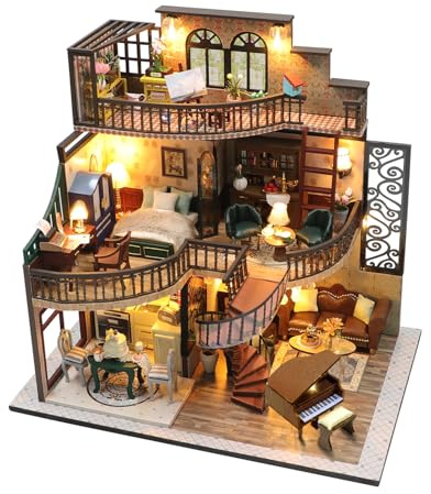 Crafts&Co® DIY Miniature Haus mit Möbeln | DIY Puppenhaus Erwachsene | Hölzernes Puppenhaus-Kit | Holz Mini Haus Modell mit Licht | 1:18 | Traumvilla