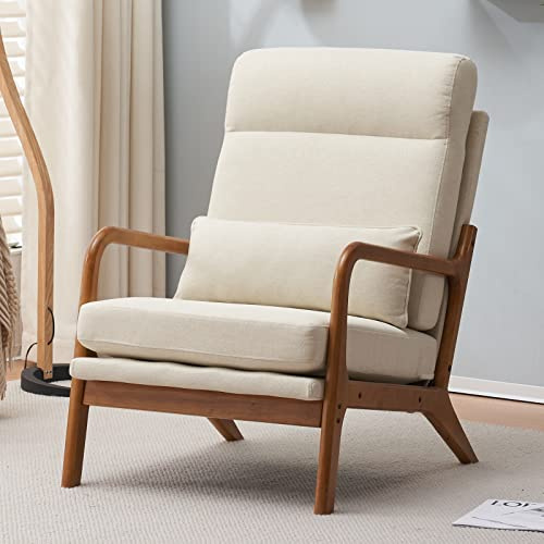 LEADZM Fauteuil de Salon avec Cadre en Bois Massif Fauteuil Lounge, Fauteuil Relax Scandinave, Dossier Haut, pour Salle à Manger, Salon, Chambre, Siege Bureau (Blanc cassé)