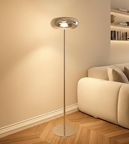 NEONA LUMIRA LED Stehleuchte Dimmbar im Pilzdesign, Retro Stehlampe mit Touch-Dimmer aus Glas und Metall, Warmweiß 2700K, 450 Lumen, Chrom (Chrom)