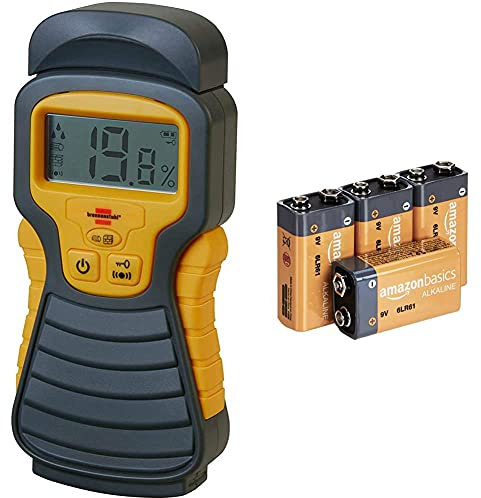 Brennenstuhl Feuchtigkeits-Detector MD (Feuchtigkeitsmessgerät/Feuchtigkeitsmesser für Holz oder Baustoffen, mit LCD-Display) anthrazit/gelb & Amazon Basics Everyday Alkalibatterien, 9 V, 4 Stück