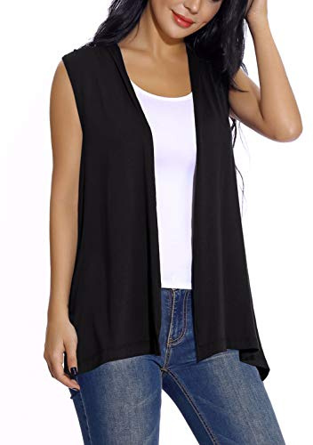 Mujeres Casual Solido Drapeado Cárdigan Ligera Frente Abierto Chaqueta sin Mangas (XXL, Negro)