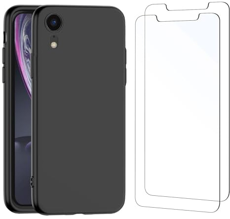 NEW'C Hülle für iPhone XR - Ultra Thin Silikon Schwarz TPU Gel und 2 × Panzer Schutz Glas für iPhone XR - Anti Scratch