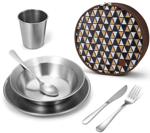 Odoland Stainless Steel Camping Mess Kit for Family & 1 Person, Cooking Tableware Utensils with Plates Bowls Forks Spoons Knives & Savings Bag for Camping, Backpacking, Hiking, Picnic, 1 Person Set