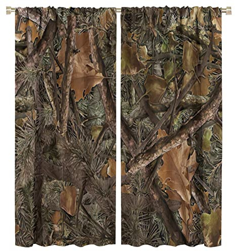 Forest Camouflage Curtains, Forest Camo Conifer Oak Branches Leaves Mossy Hunting Lodge Camp Cabin Theme Blackout Windows Door Curtain for Bedroom Living Room Home Decor 42x45in