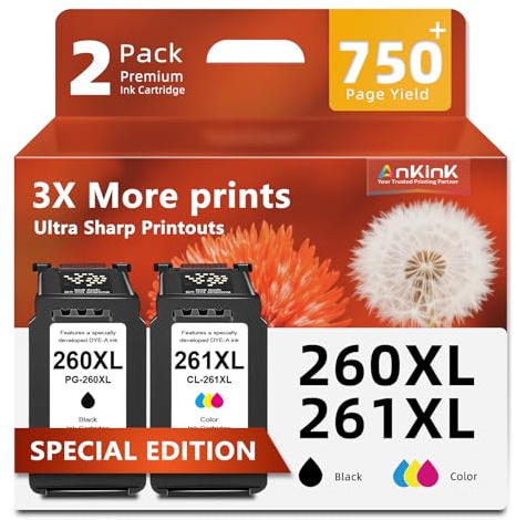 Ankink Compatible Ink Cartridges Replacement for Canon 260XL 261XL PG 260 CL 261 PG260 CL261 XL Fit for Cannon TR7020 TR7020a TR7022 TS6420 TS6400 TS5300 TS5320 TS6420a Printers (Black Color 2-Pack)