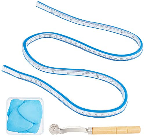 OLYCRAFT 90cm Flexibles Kurvenlineal Flex Design Lineal Mit Nähpausrad Und 5 Schneiderkreidestiften Nähkurvenlineal Für Technische Zeichnungen Designgrafiken Bekleidungsdesign