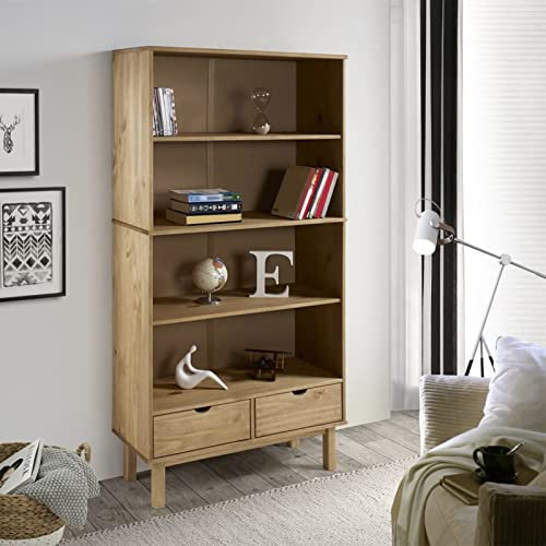 LAPOOH Bücherregal mit 2 Schubladen, Regal Kinderzimmer, Bookshelf, Bücher Regal, Mehrzweckregal, Bookcase, Leiterregal, Standregal, Allzweckschrank, Braun Massivholz Kiefer