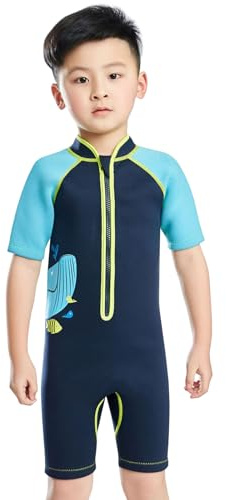 SXSHUN Kinder Mädchen Jungen Neoprenanzug 2.5mm Neopren Shorty UV-Schutz Badeanzug Einteiliger Badeanzüge Wetsuit, Blau, 98-104
