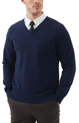 Kallspin Men's V Neck 100% Cotton Jumper Long Sleeve Knit Pullover Sweater