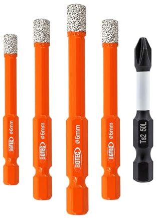 BGTEC Punte Trapano Diamantate 5 pezzi- 6MM*4 per Piastrelle, Ceramica, Marmo, Granito, Cemento, Legno, Plastica, Muratura - con punta a cacciavite PH2